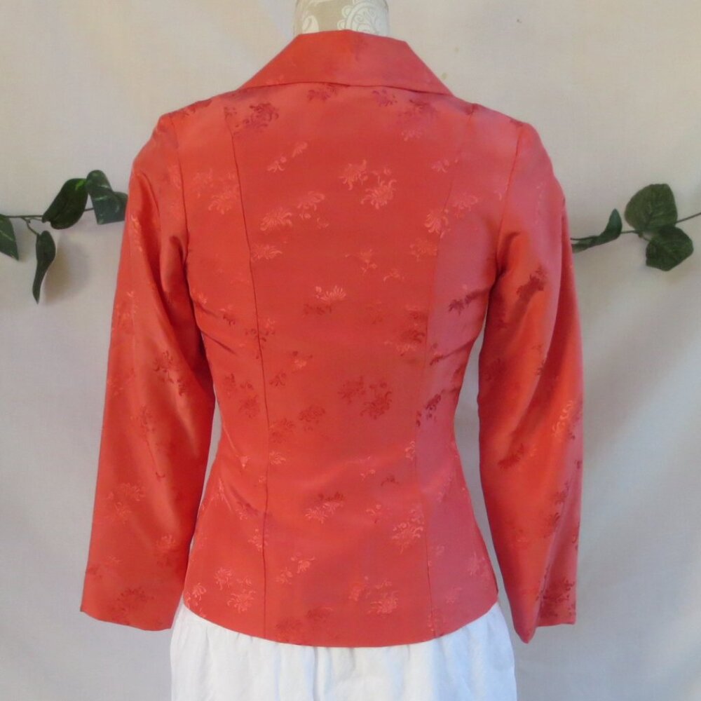 Vintage Jacket Coral Orange Fitted Dressy Asian Floral Brocade Blazer Size SP - Picture 5 of 10